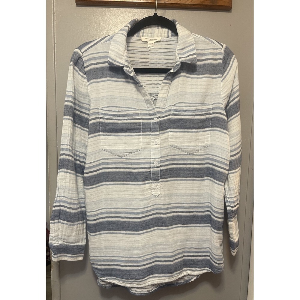 Beach Lunch Lounge Striped Cotton Linen Blend Pullover Women's Small Petite Blue